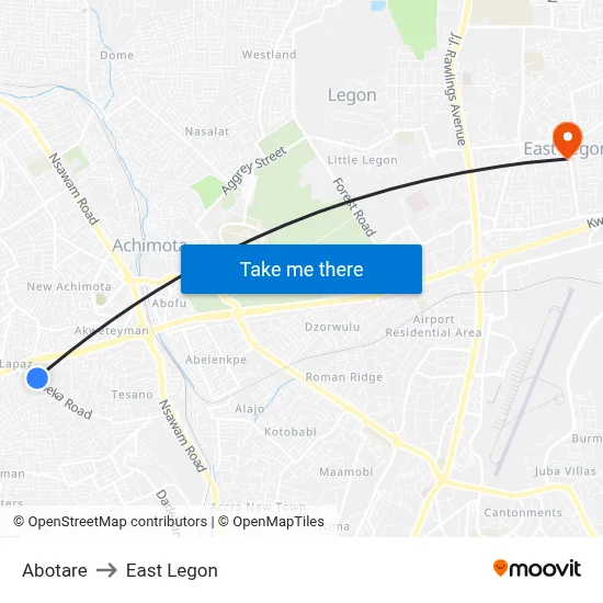 Abotare to East Legon map