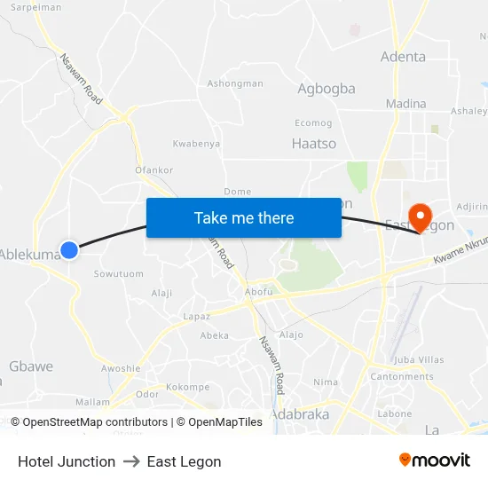 Hotel Junction to East Legon map