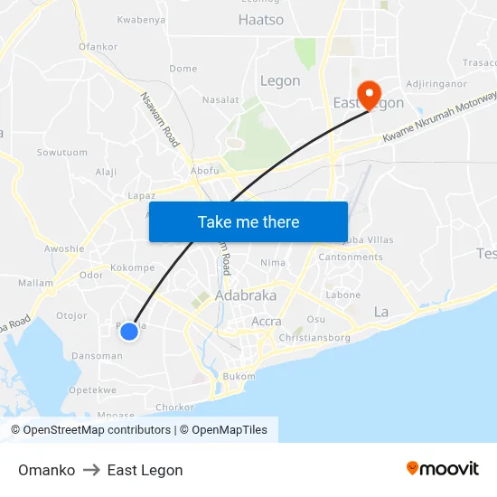 Omanko to East Legon map