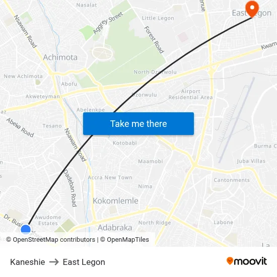 Kaneshie to East Legon map