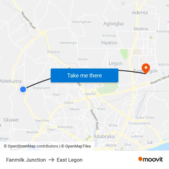 Fanmilk Junction to East Legon map