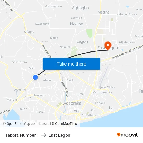 Tabora Number 1 to East Legon map