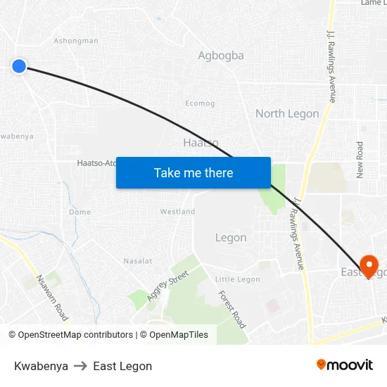 Kwabenya to East Legon map