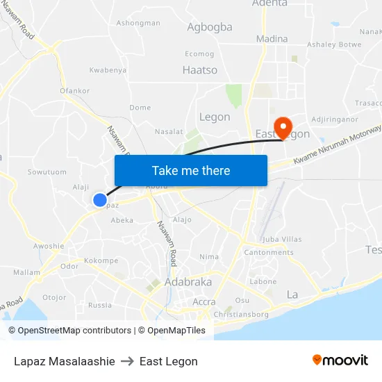Lapaz Masalaashie to East Legon map