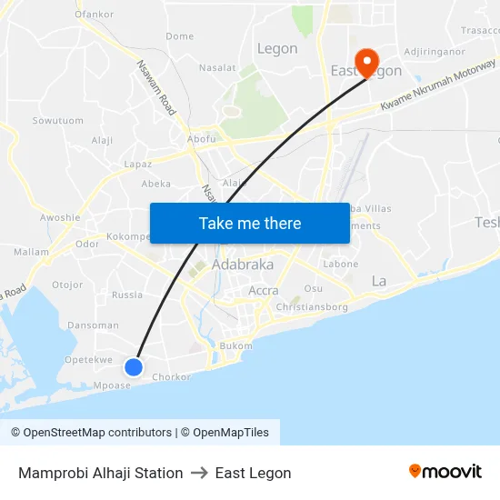 Mamprobi Alhaji Station to East Legon map