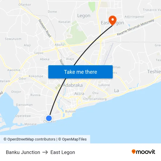 Banku Junction to East Legon map