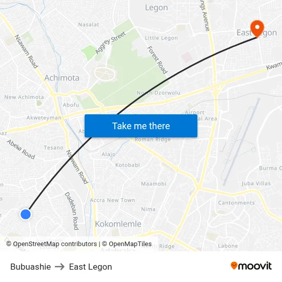 Bubuashie to East Legon map