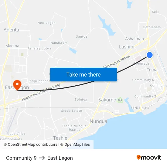 Community 9 to East Legon map