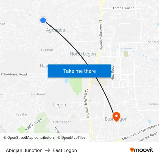 Abidjan Junction to East Legon map