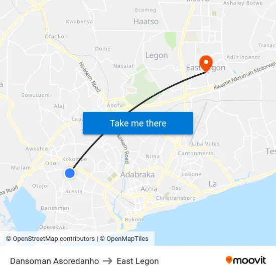 Dansoman Asoredanho to East Legon map