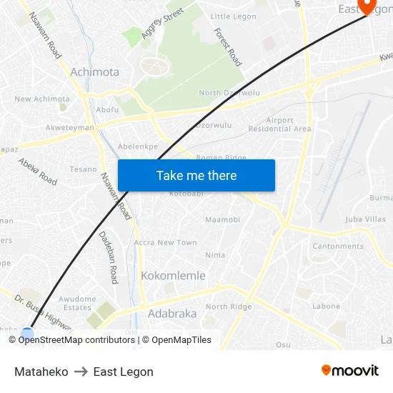 Mataheko to East Legon map