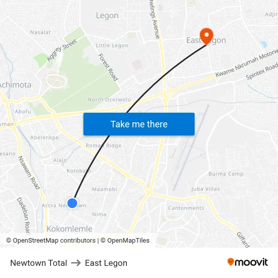 Newtown Total to East Legon map