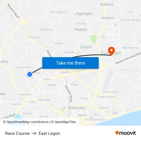 Race Course to East Legon map