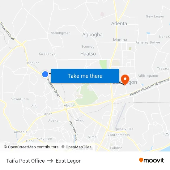 Taifa Post Office to East Legon map