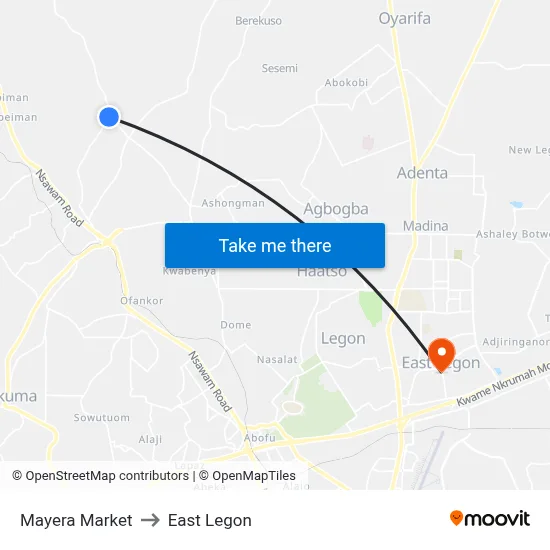 Mayera Market to East Legon map
