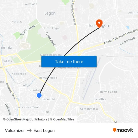 Vulcanizer to East Legon map