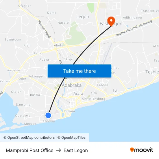 Mamprobi Post Office to East Legon map
