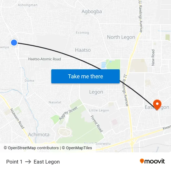 Point 1 to East Legon map