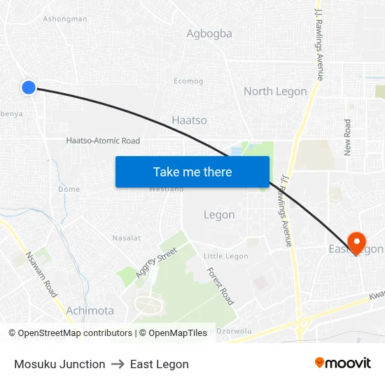 Mosuku Junction to East Legon map
