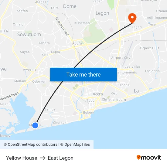 Yellow House to East Legon map