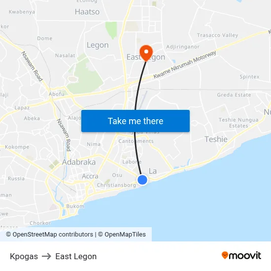 Kpogas to East Legon map
