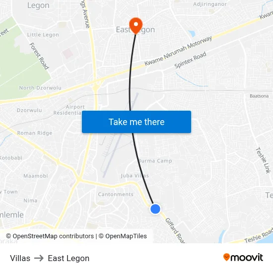 Villas to East Legon map