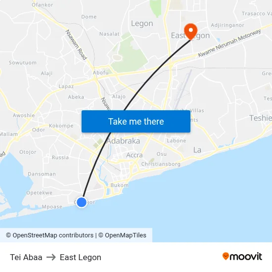 Tei Abaa to East Legon map