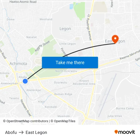 Abofu to East Legon map