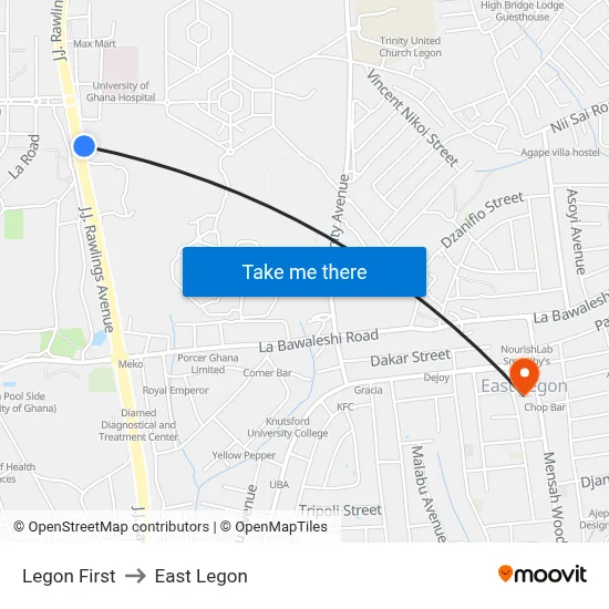 Legon First to East Legon map