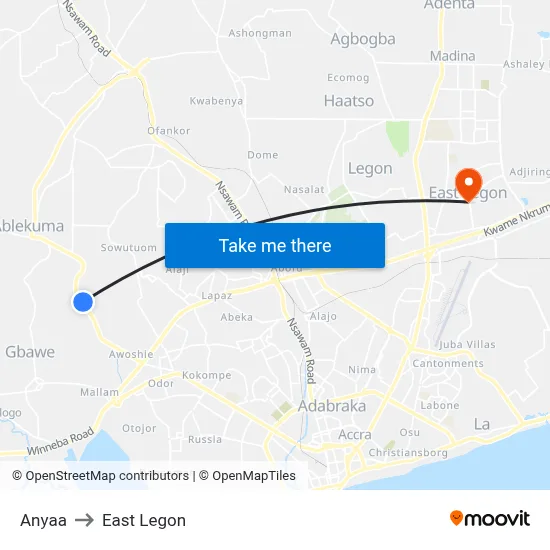 Anyaa to East Legon map