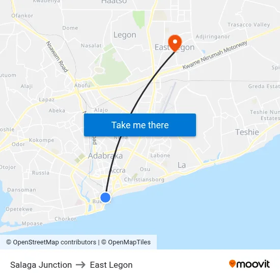Salaga Junction to East Legon map