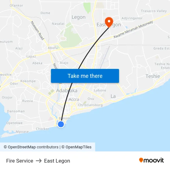 Fire Service to East Legon map