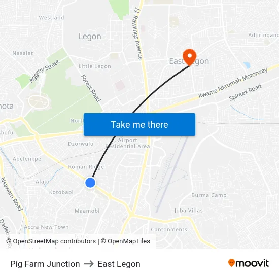 Pig Farm Junction to East Legon map