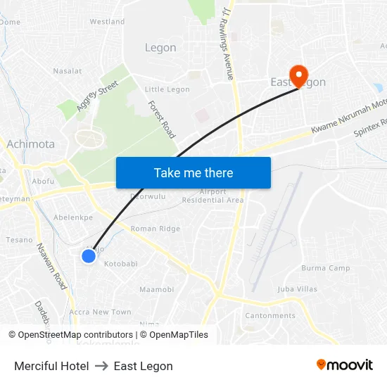 Merciful Hotel to East Legon map