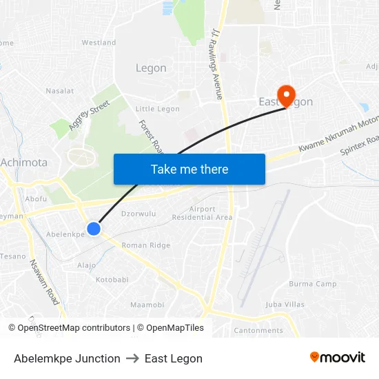 Abelemkpe Junction to East Legon map