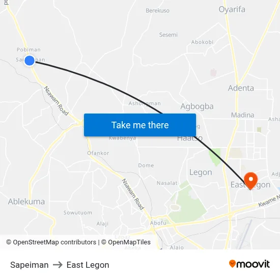 Sapeiman to East Legon map