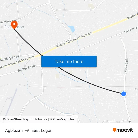 Agblezah to East Legon map