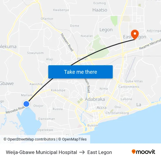 Weija-Gbawe Municipal Hospital to East Legon map