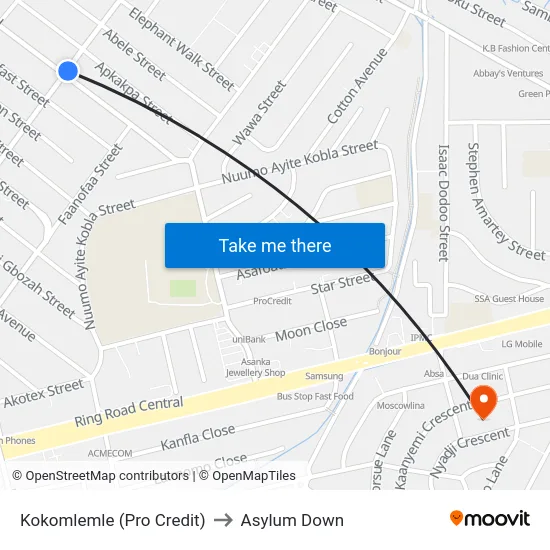 Kokomlemle (Pro Credit) to Asylum Down map