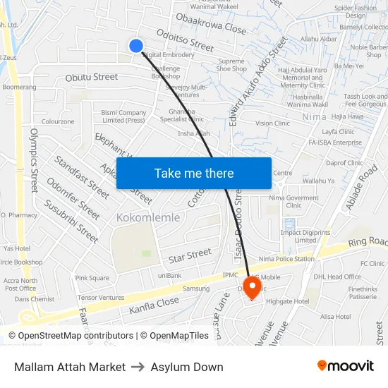 Mallam Attah Market to Asylum Down map