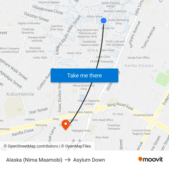 Alaska (Nima Maamobi) to Asylum Down map