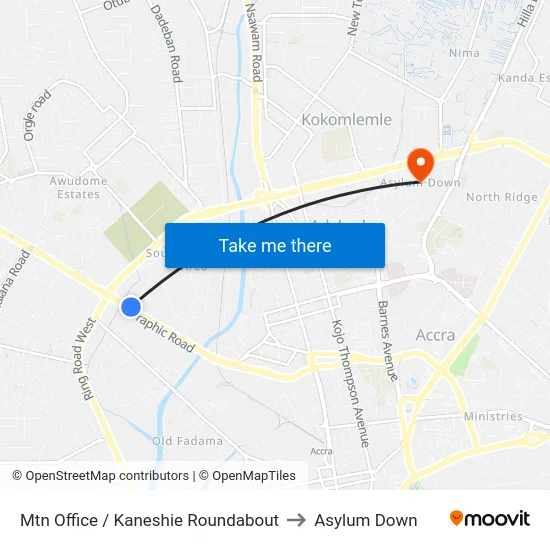 Mtn Office / Kaneshie Roundabout to Asylum Down map