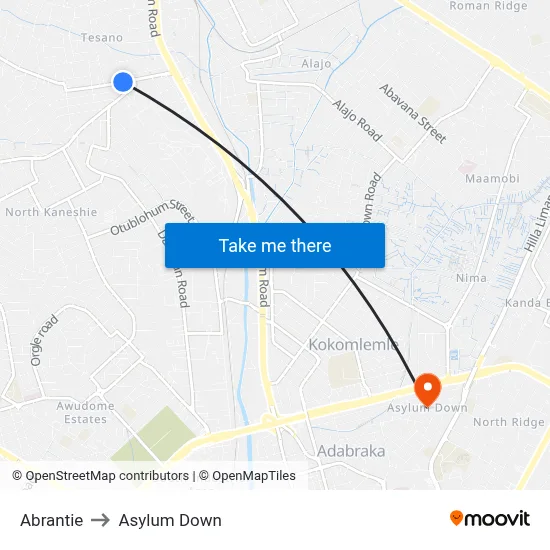 Abrantie to Asylum Down map