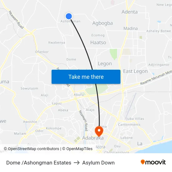 Dome /Ashongman Estates to Asylum Down map