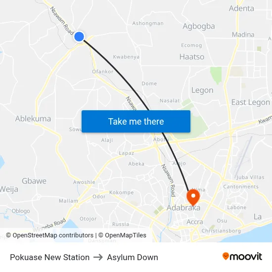 Pokuase New Station to Asylum Down map