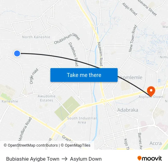 Bubiashie Ayigbe Town to Asylum Down map