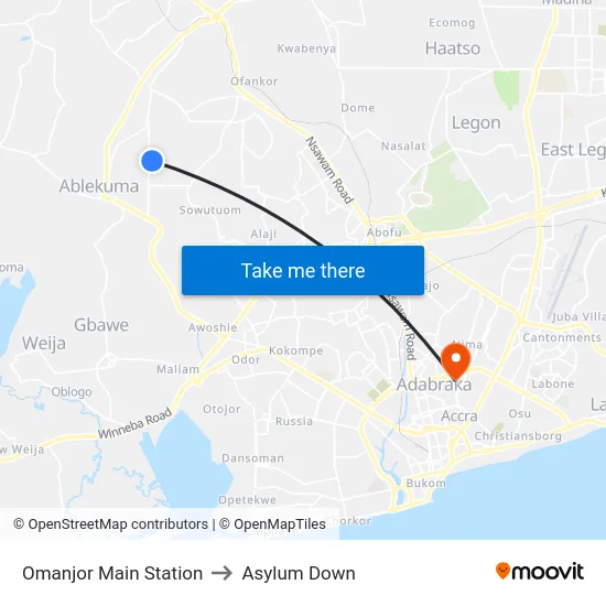 Omanjor Main Station to Asylum Down map