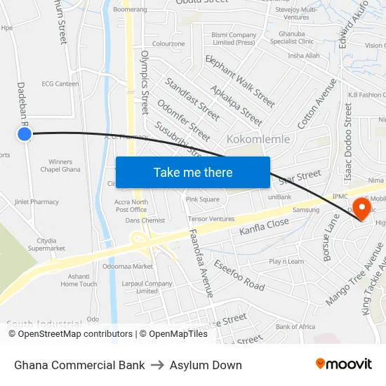 Ghana Commercial Bank to Asylum Down map