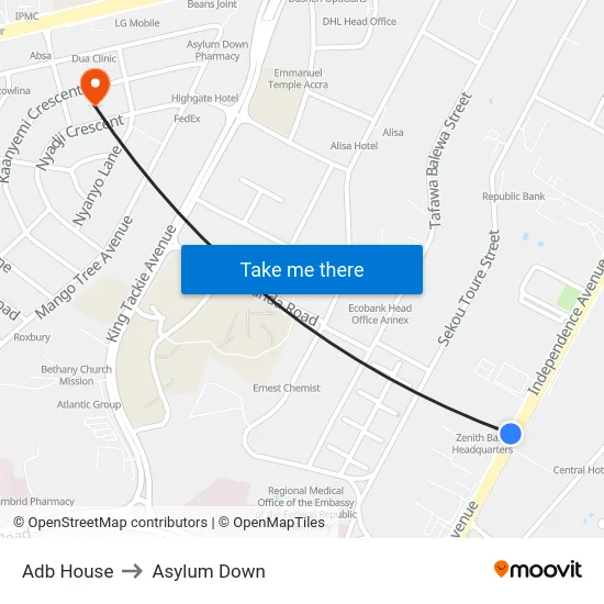 Adb House to Asylum Down map