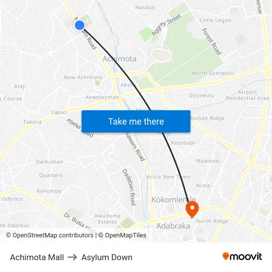 Achimota Mall to Asylum Down map